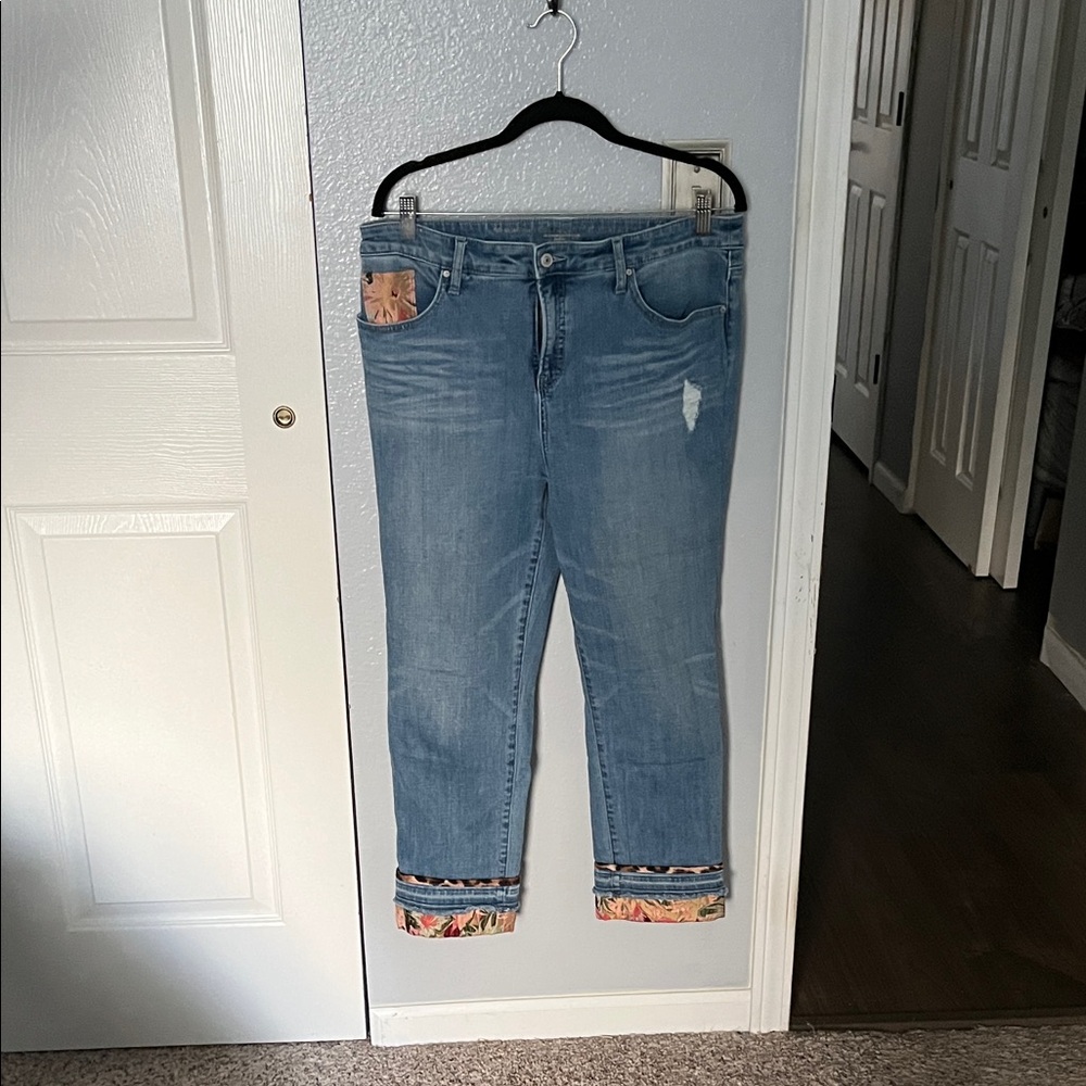 Chico's Blue Cropped Jeans with Patterned Cuffs